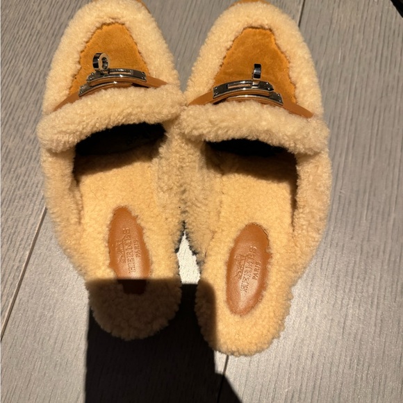 Hermes Tan Suede Shearling-Trim Loafer Mules with Silver Hardware - Picture 5 of 6